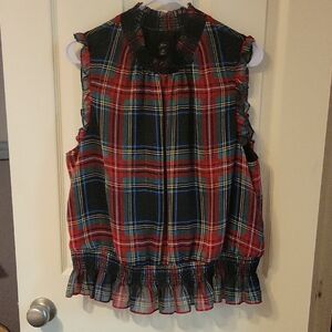 J. Crew Multicolor Plaid Top with Ruffle Neckline